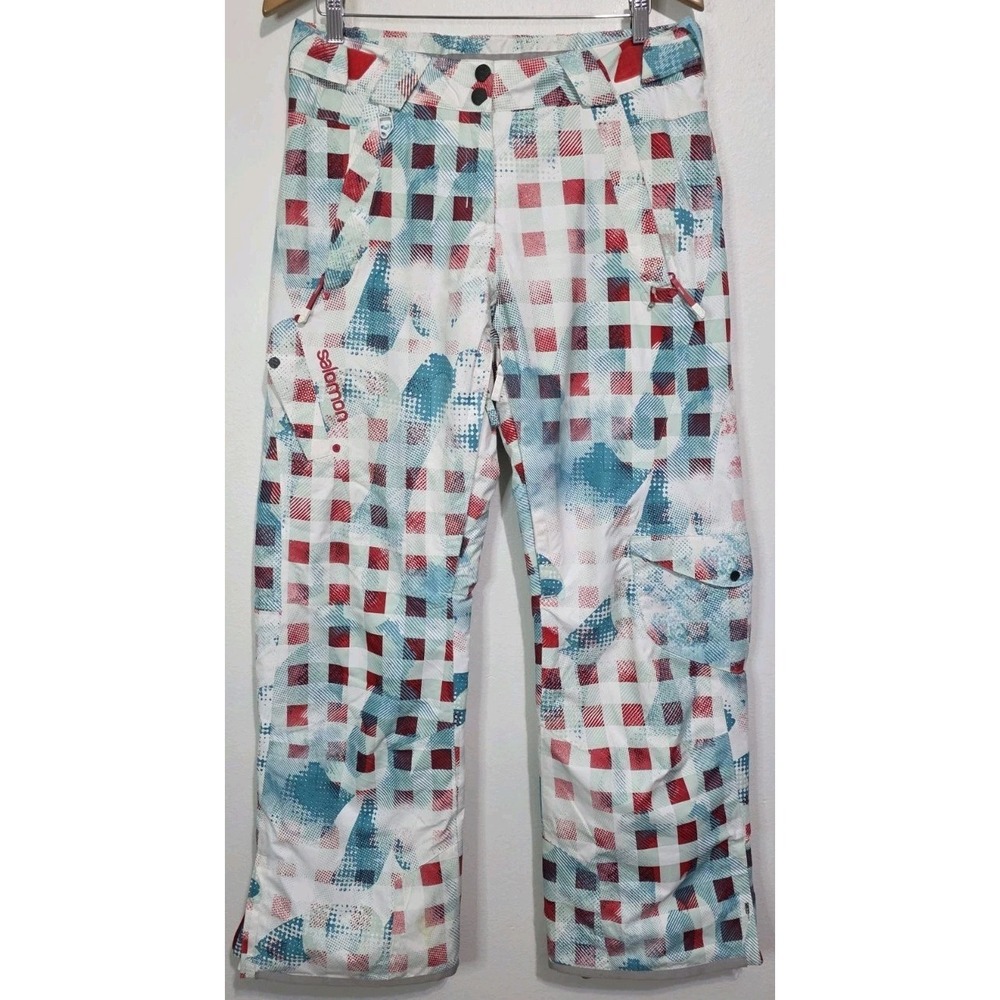 SALOMON Icemania Ski Pants Waterproof Snow Snowboard Women M‎ White Teal EUC